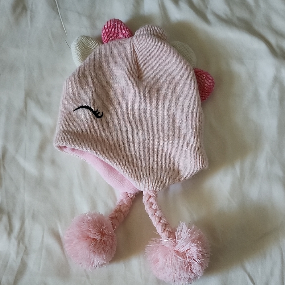 Pink Unicorn Knit Hat with Pom Poms